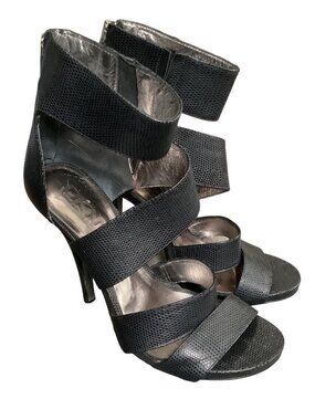 DKNY Sz 7 Strappy Stiletto Sandals Zip Back Textured Caged Ankle Strap High Heel